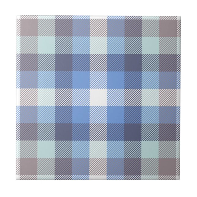 Modern Blue Taupe Tartan Plaid Pattern Ceramic Tile (Front)