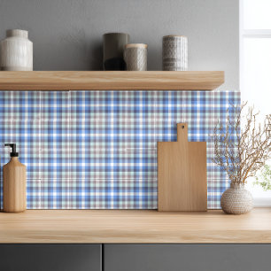 Modern Blue Taupe Tartan Plaid Pattern Ceramic Tile