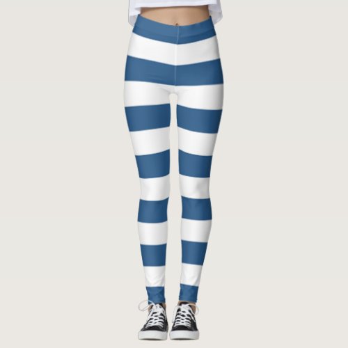 Modern blue teal and white stripes leggings