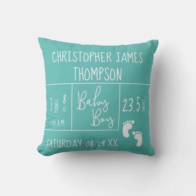 Modern blue Teal Baby Boy photo Birth Announcement Throw Pillow (Front)