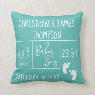 Modern blue Teal Baby Boy photo Birth Announcement Throw Pillow