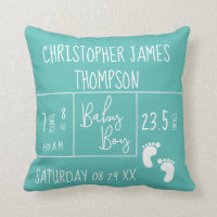 Modern blue Teal Baby Boy photo Birth Announcement Throw Pillow