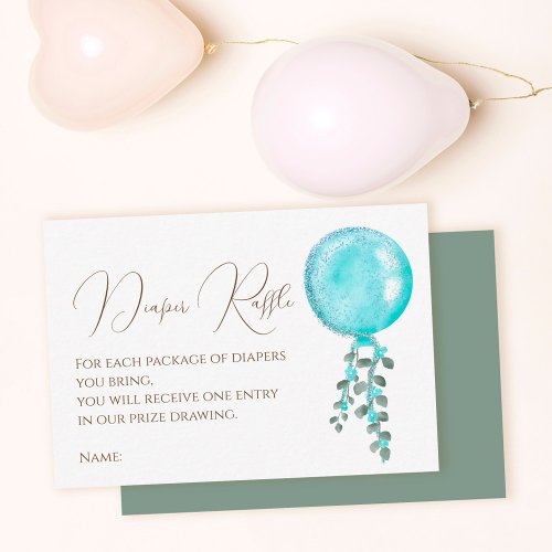 Modern blue teal glitter balloon diaper raffle enclosure card