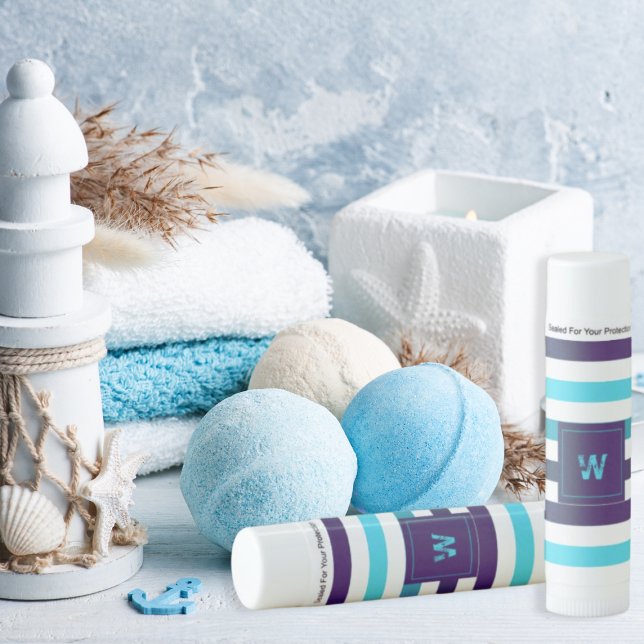 Modern Blue Teal Stripes Monogram Lip Balm (Creator Uploaded)