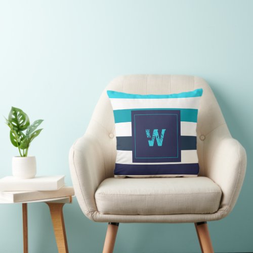 Modern Blue Teal Stripes Monogram Throw Pillow