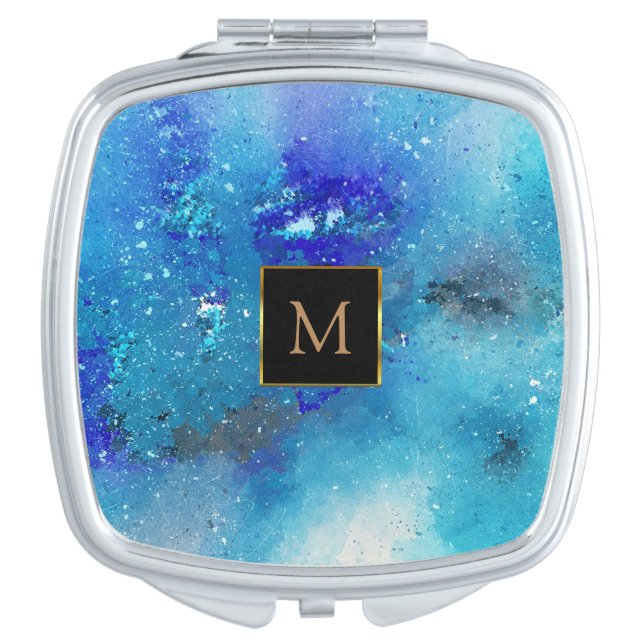 Modern blue teal watercolor splatter monogram compact mirror (Front)