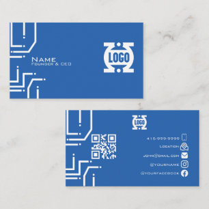 Modern blue Tech Circuit Board QR Code  Business Card