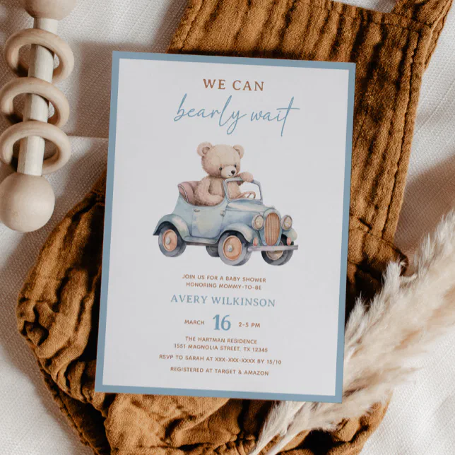 Modern Blue Teddy Bear Boy Baby Shower Invitation | Zazzle