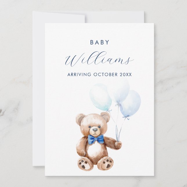 Modern Blue Teddy Bear Minimalist Pregnancy Announcement (Front)