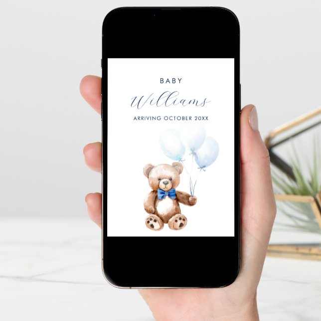 Modern Blue Teddy Bear Minimalist Pregnancy Announcement (Front Digital)