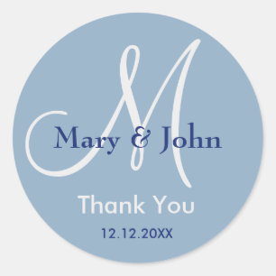 Modern Blue Thank You Monogram Wedding Favor Classic Round Sticker