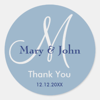 Modern Blue Thank You Monogram Wedding Favor Classic Round Sticker