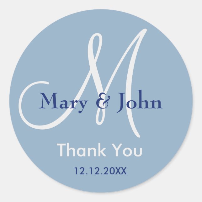 Modern Blue Thank You Monogram Wedding Favor Classic Round Sticker (Front)
