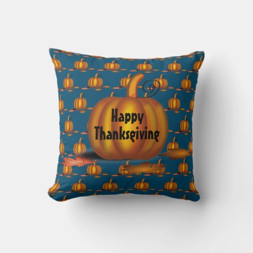Modern Blue Thanksgiving Pumpkin Throw Pillow