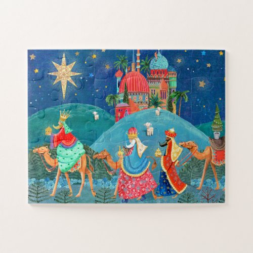 Modern Blue Three Wise Men kings Holiday Jigsaw Puzzle