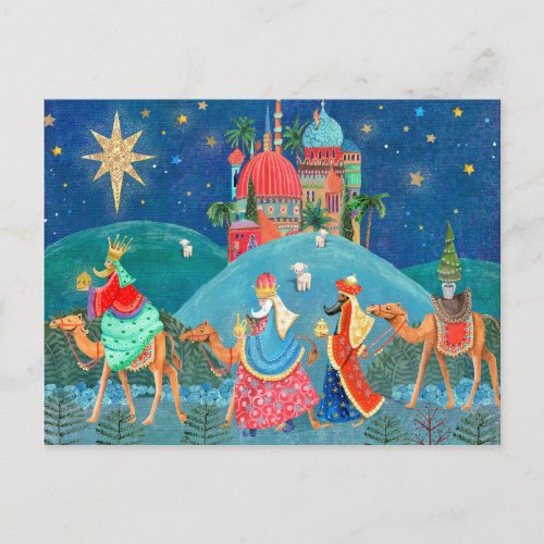 Modern Blue Three Wise Men kings Holiday Postcard