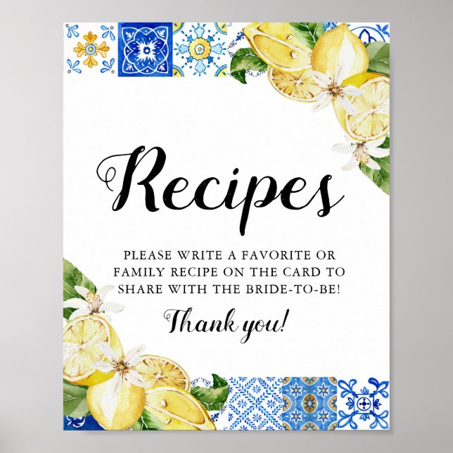 Modern Blue Tile Lemons Bridal Shower Recipe Sign (Front)