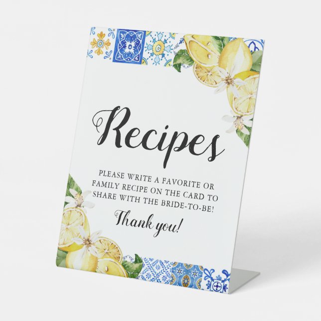 Modern Blue Tile Lemons Bridal Shower Recipe Sign (Front)