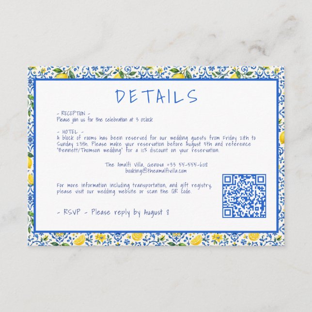 Modern Blue tile Lemons Wedding Details QR code  Enclosure Card (Front)