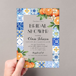 Modern Blue Tiles Oranges Italian Bridal Shower Acrylic Invitations