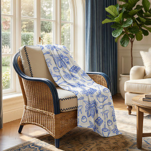 Modern Blue Toile Cacao and Chocolate Pattern Fleece Blanket
