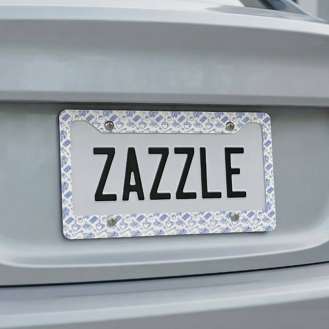 Modern Blue Toile Cacao and Chocolate Pattern License Plate Frame (Creator Uploaded)