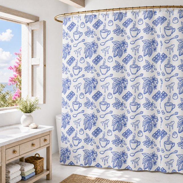 Modern Blue Toile Cacao and Chocolate Pattern Shower Curtain (Creator Uploaded)