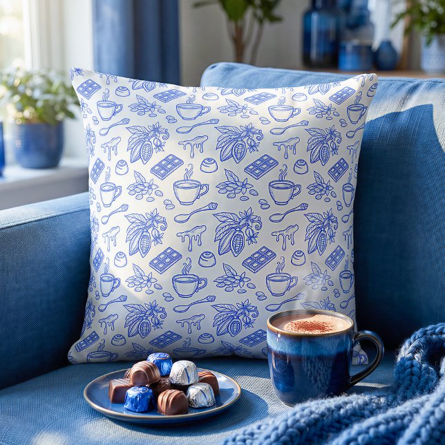 Modern Blue Toile Cacao and Chocolate Pattern Throw Pillow (Creator Uploaded)