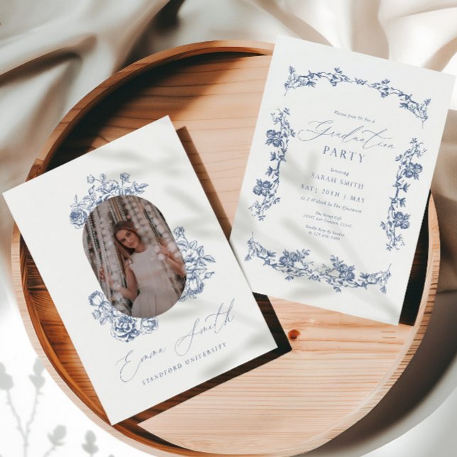 Modern Blue Toile Graduation Photo Announcement (Creator Uploaded)