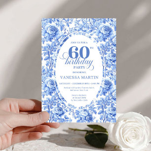 Modern Blue Toile Roses 60th Birthday Invite Digit