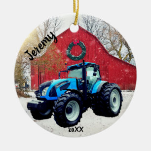 Modern Blue Tractor Christmas Ceramic Ornament