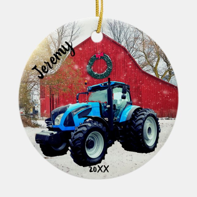  Modern Blue Tractor Christmas  Ceramic Ornament (Front)
