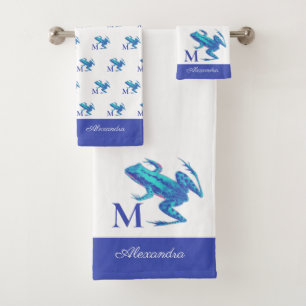 Modern Blue Tree Frog Monogram Initial Name Bath Towel Set