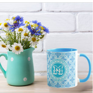Modern Blue Trellis Print White Text Mug