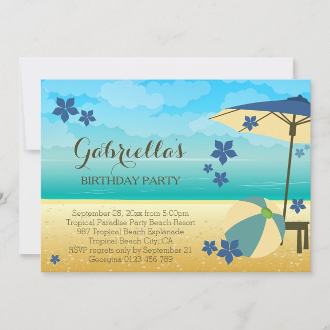 Modern Blue Tropical Beach Birthday Party Invitation (Front)