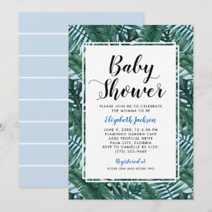 Modern Blue Tropical Palm Leaf Baby Shower Invitation