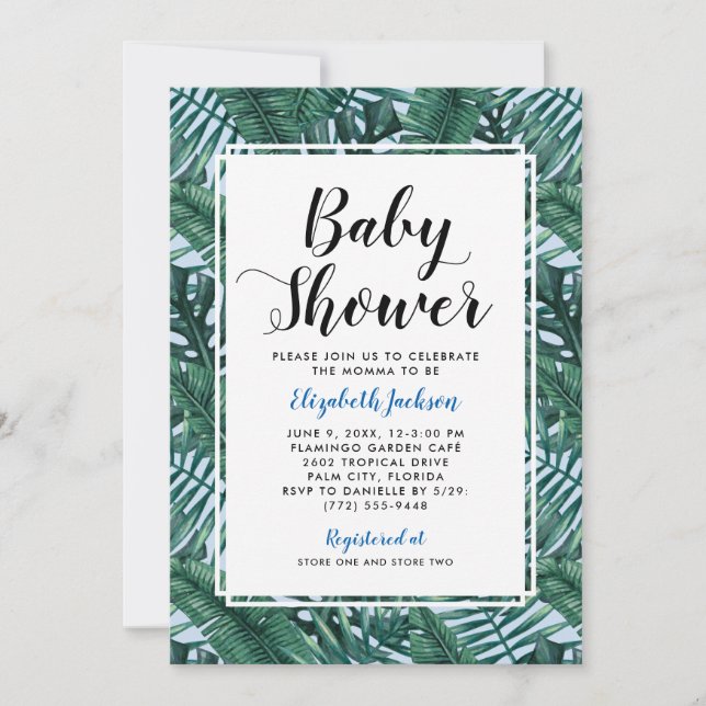 Modern Blue Tropical Palm Leaves Baby Boy Shower Invitation (Front)