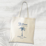 Modern Blue Tropical Palm Tree Wedding Welcome Tote Bag<br><div class="desc">Customize this blue "Welcome" tote bag with your own special touch. This design features modern script,  blue text and artistic palm tree. Personalize it with your names,  wedding date and location. If you need help or matching items,  please contact me.</div>