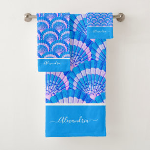 Modern Blue Tropical Seashell Shell Beach Bath Towel Set