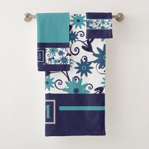 Modern Blue Turquoise Flower Monogram  Bath Towel Set