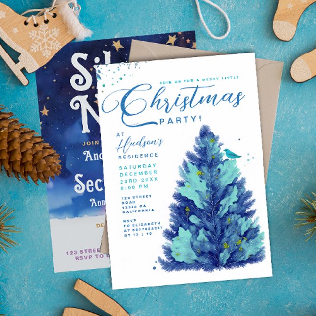 Modern Blue Turquoise Merry Christmas Tree Party   Invitation (Creator Uploaded)