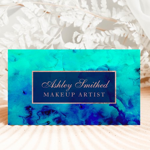 Modern blue turquoise watercolor rose gold makeup business card