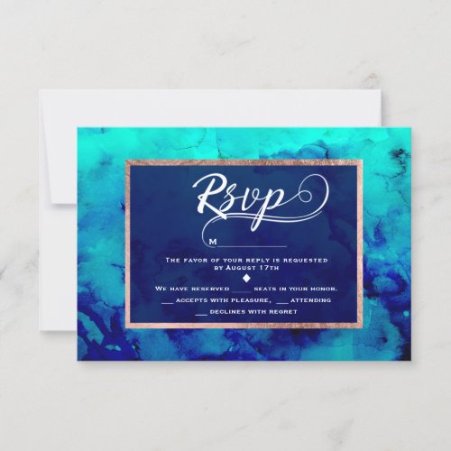 Modern blue turquoise watercolor rose gold RSVP