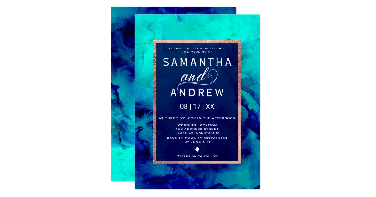Modern Blue Turquoise Watercolor Rose Gold Wedding Invitation