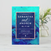 Modern blue turquoise watercolor rose gold wedding invitation (Standing Front)