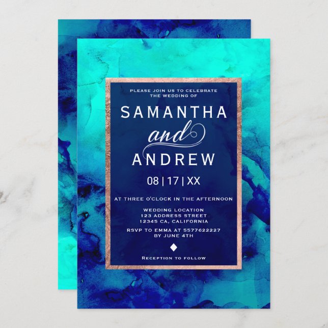 Modern blue turquoise watercolor rose gold wedding invitation (Front/Back)