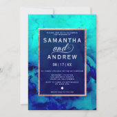 Modern blue turquoise watercolor rose gold wedding invitation (Front)