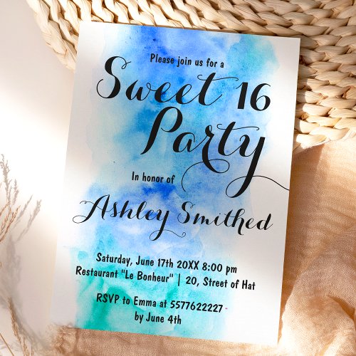 Modern blue turquoise watercolor Sweet 16 Invitation