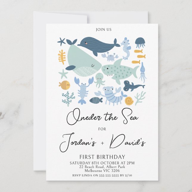 Modern Blue Twins Oneder The Sea Boys 1st Birthday Invitation (Front)