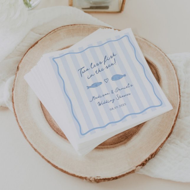 Modern Blue Two Less Fish In Sea Wedding Shower Napkins (Two less fish in the sea modern blue and white couples shower napkins)